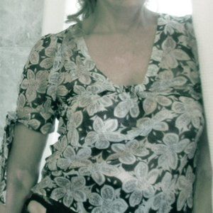 Odille 100% Silk Sheer Black n White Flowered Blouse, size 2